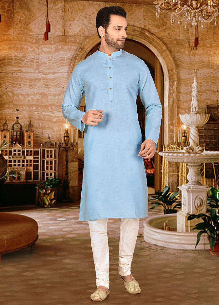 2 Pc Sky Blue Cotton Kurta And Pajama Set