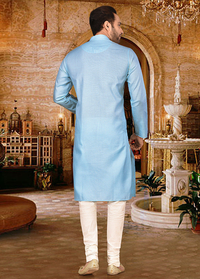 2 Pc Sky Blue Cotton Kurta And Pajama Set