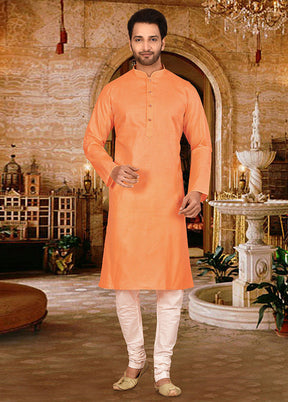 2 Pc Peach Cotton Kurta And Pajama Set