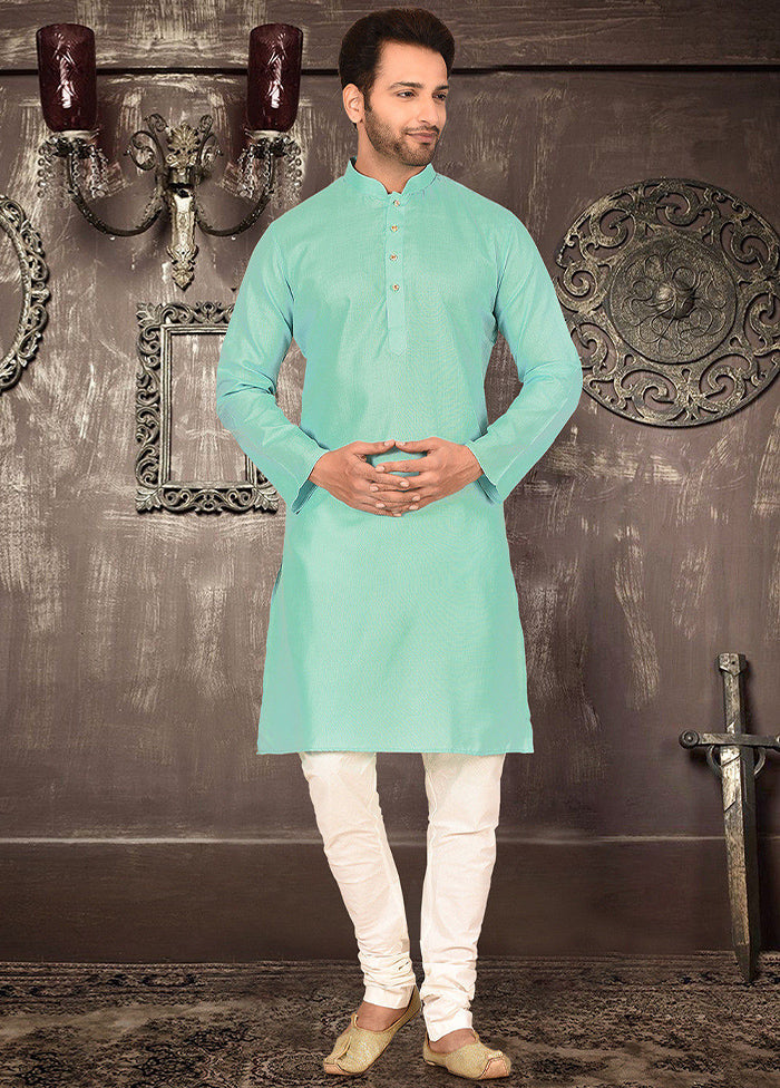 2 Pc Sea Green Cotton Kurta And Pajama Set