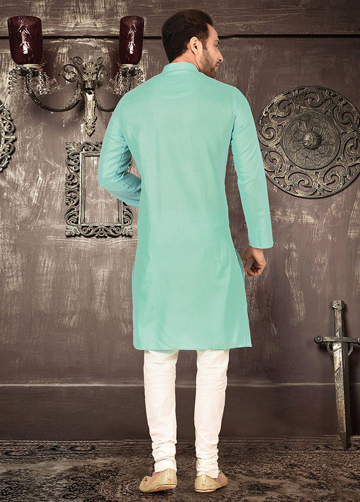 2 Pc Sea Green Cotton Kurta And Pajama Set