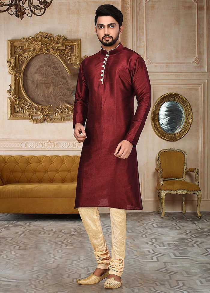 2 Pc Mustard Silk Kurta And Pajama Set