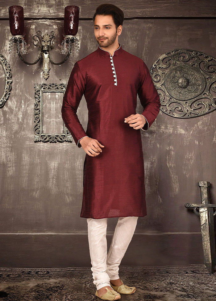 2 Pc Maroon Silk Kurta And Pajama Set