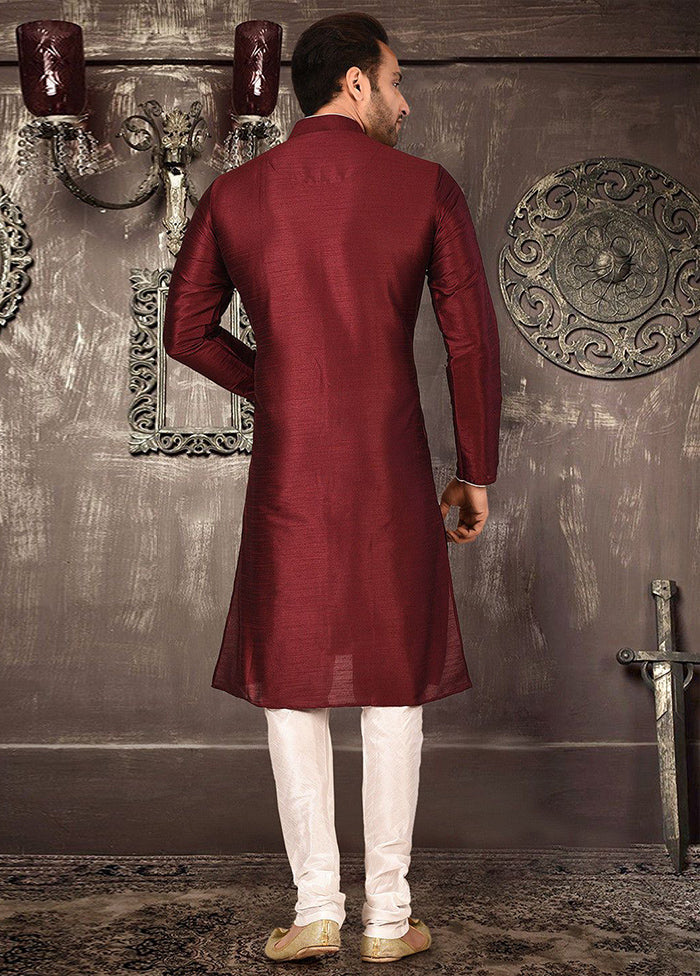 2 Pc Maroon Silk Kurta And Pajama Set