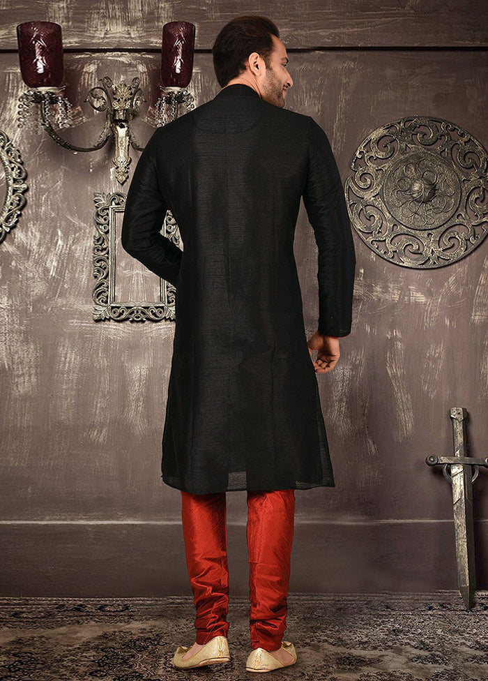 2 Pc Black Silk Kurta And Pajama Set