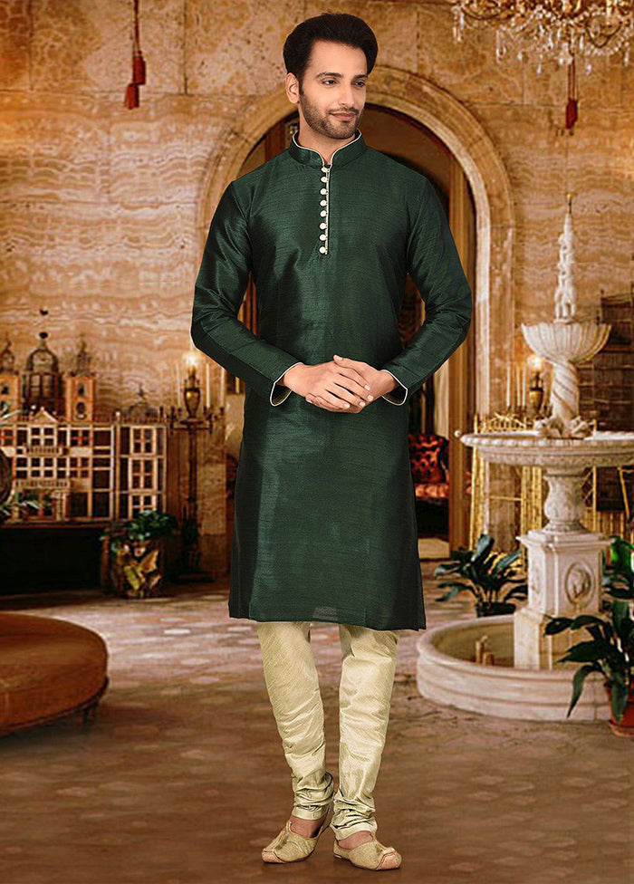 2 Pc Green Silk Kurta And Pajama Set