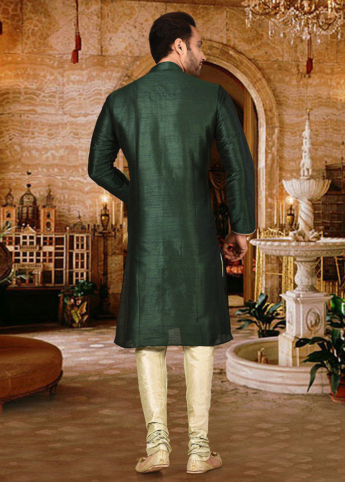 2 Pc Green Silk Kurta And Pajama Set