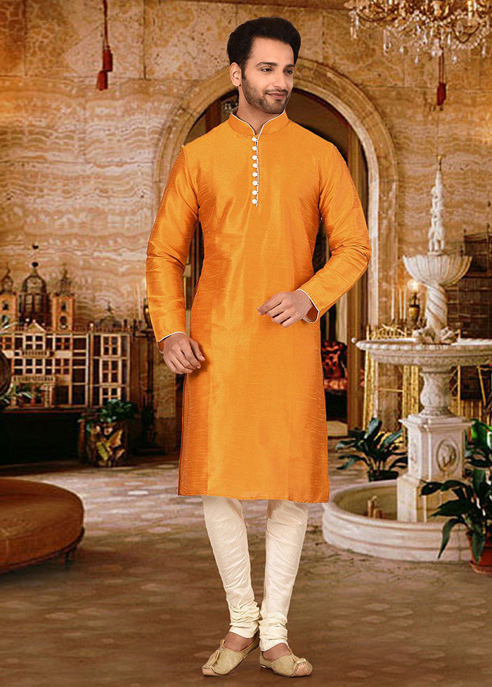 2 Pc Mustard Silk Kurta And Pajama Set