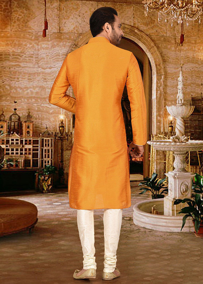 2 Pc Mustard Silk Kurta And Pajama Set