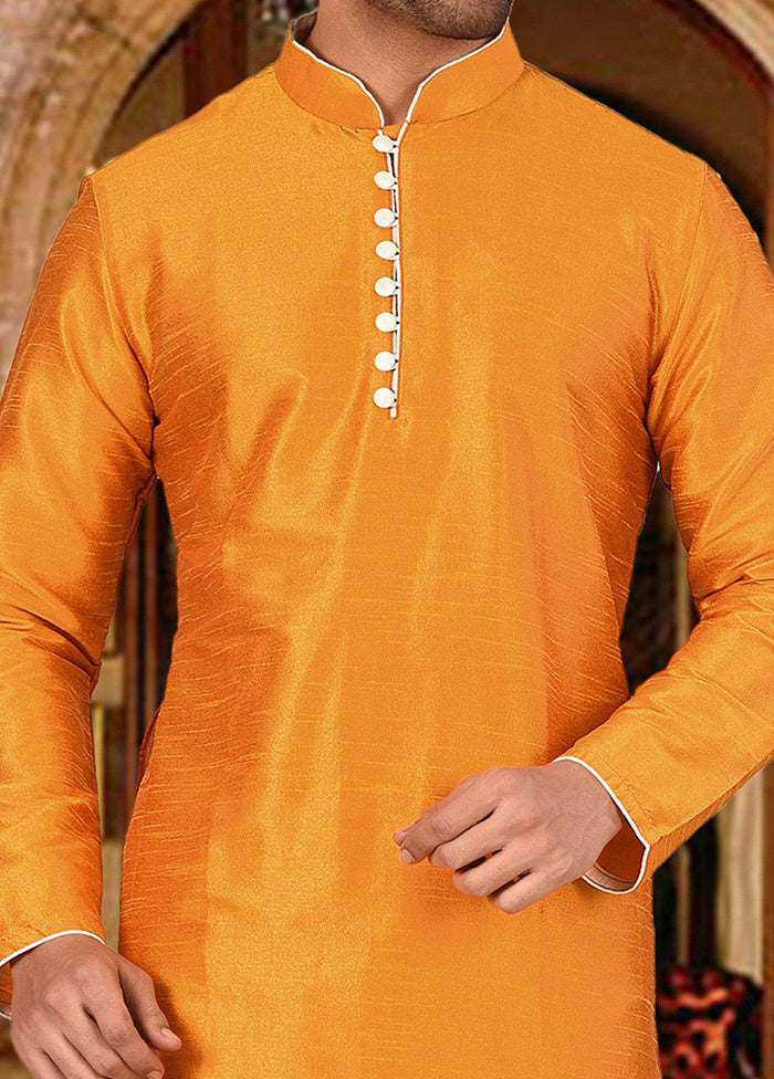 2 Pc Mustard Silk Kurta And Pajama Set