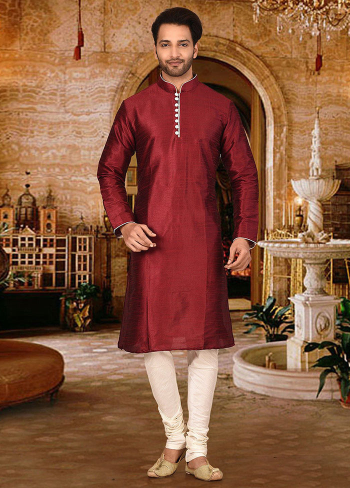 2 Pc Red Silk Kurta And Pajama Set