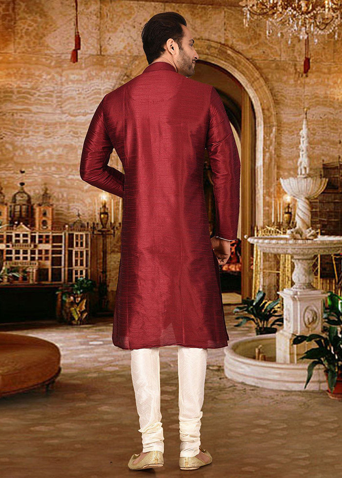 2 Pc Red Silk Kurta And Pajama Set