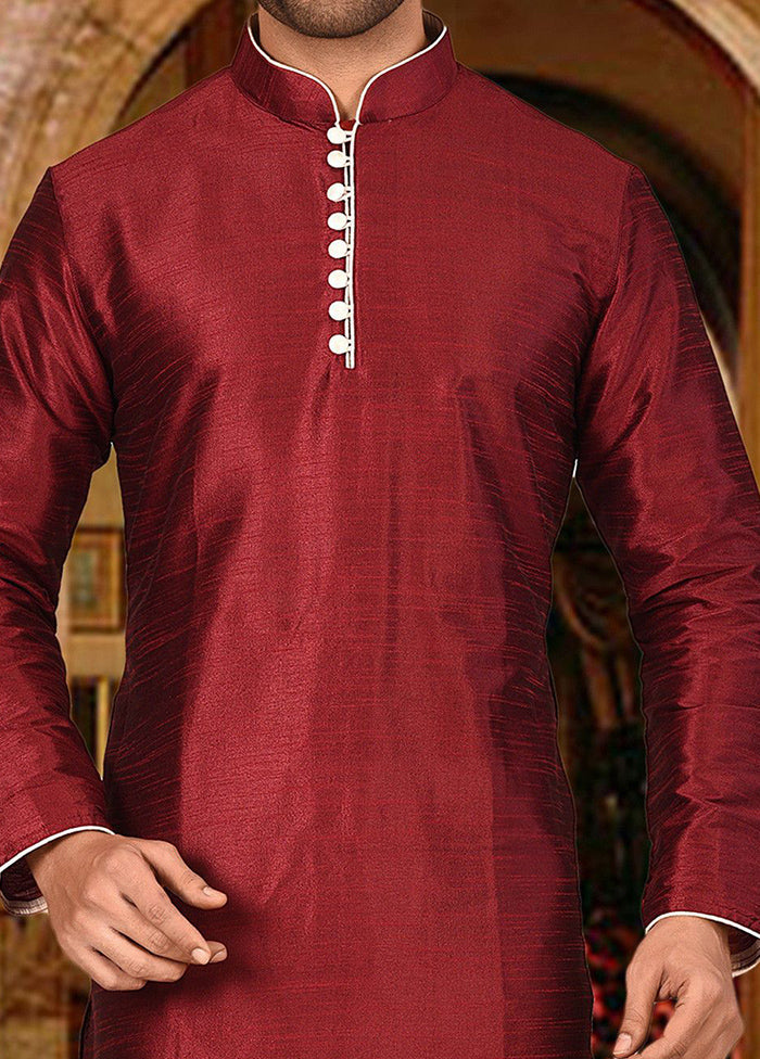 2 Pc Red Silk Kurta And Pajama Set