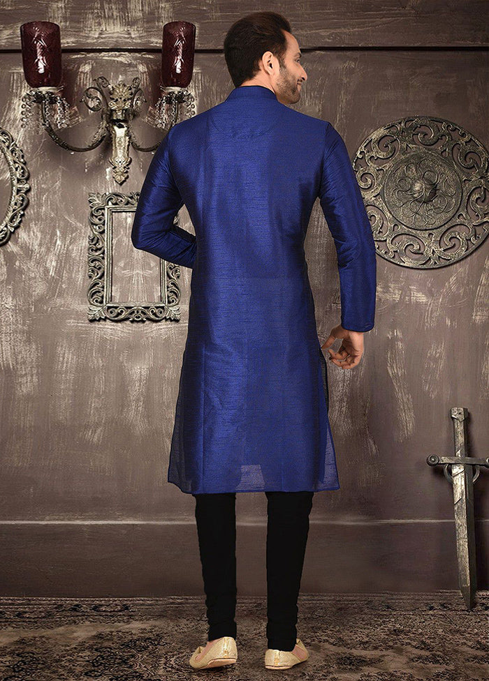 2 Pc Royal Blue Silk Kurta And Pajama Set