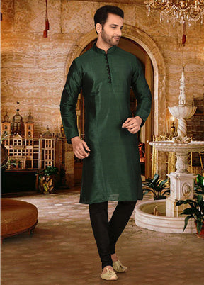 2 Pc Green Silk Kurta And Pajama Set