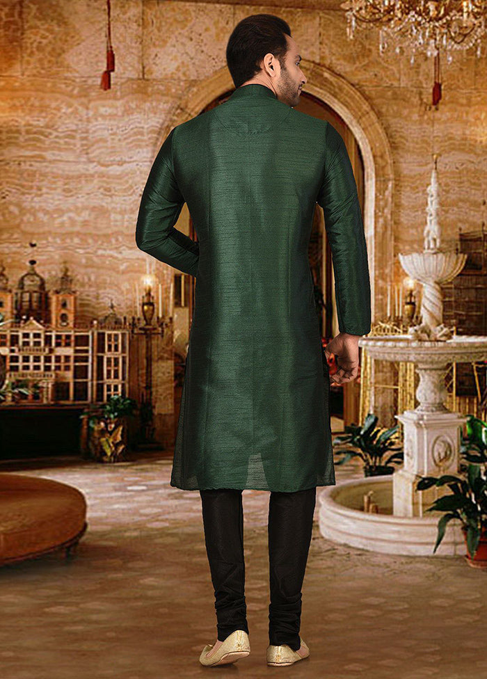 2 Pc Green Silk Kurta And Pajama Set