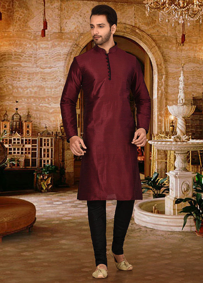 2 Pc Maroon Silk Kurta And Pajama Set