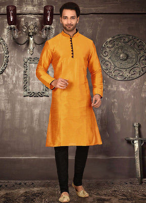 2 Pc Mustard Silk Kurta And Pajama Set