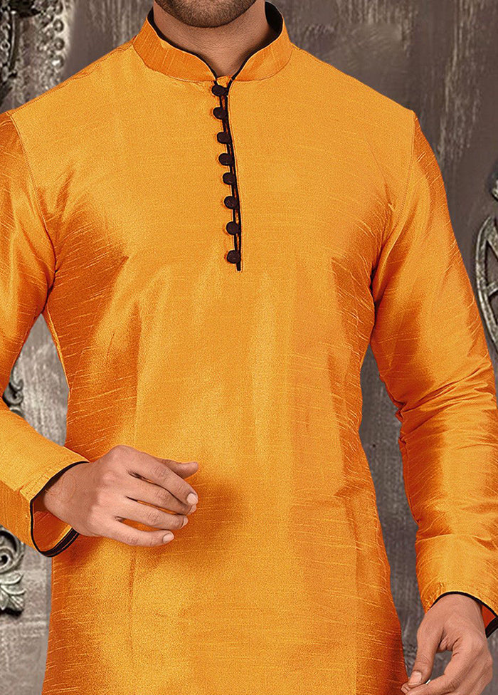 2 Pc Mustard Silk Kurta And Pajama Set