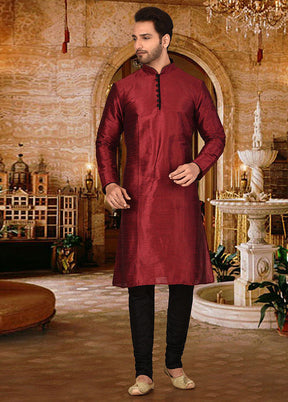 2 Pc Red Silk Kurta And Pajama Set