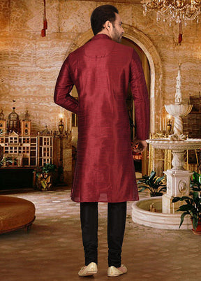 2 Pc Red Silk Kurta And Pajama Set