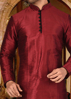 2 Pc Red Silk Kurta And Pajama Set