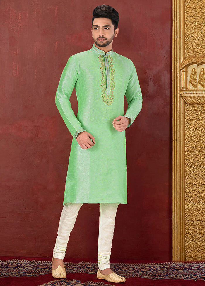 2 Pc Green Silk Kurta And Pajama Set