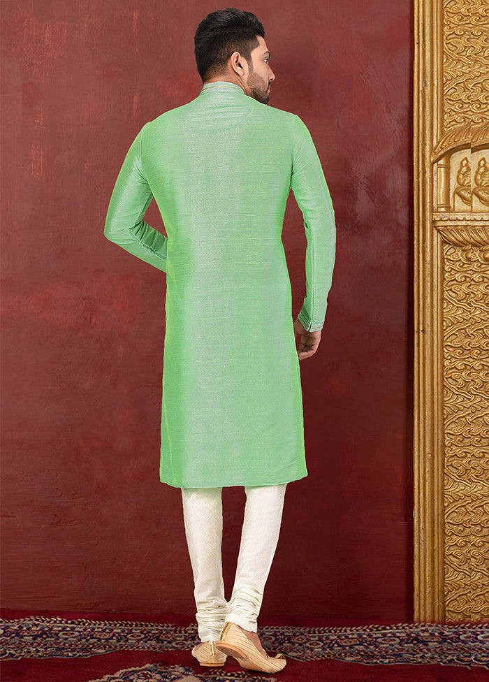 2 Pc Green Silk Kurta And Pajama Set