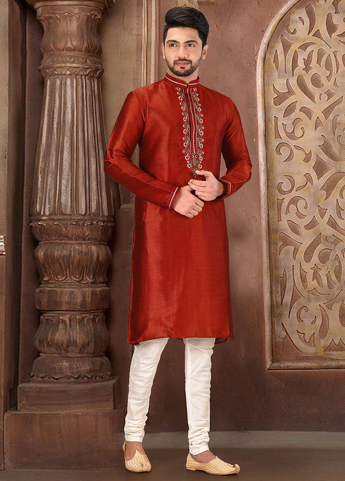 2 Pc Red Silk Kurta And Pajama Set