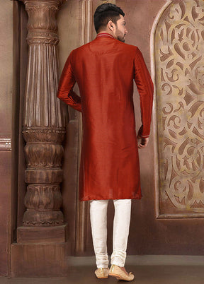 2 Pc Red Silk Kurta And Pajama Set