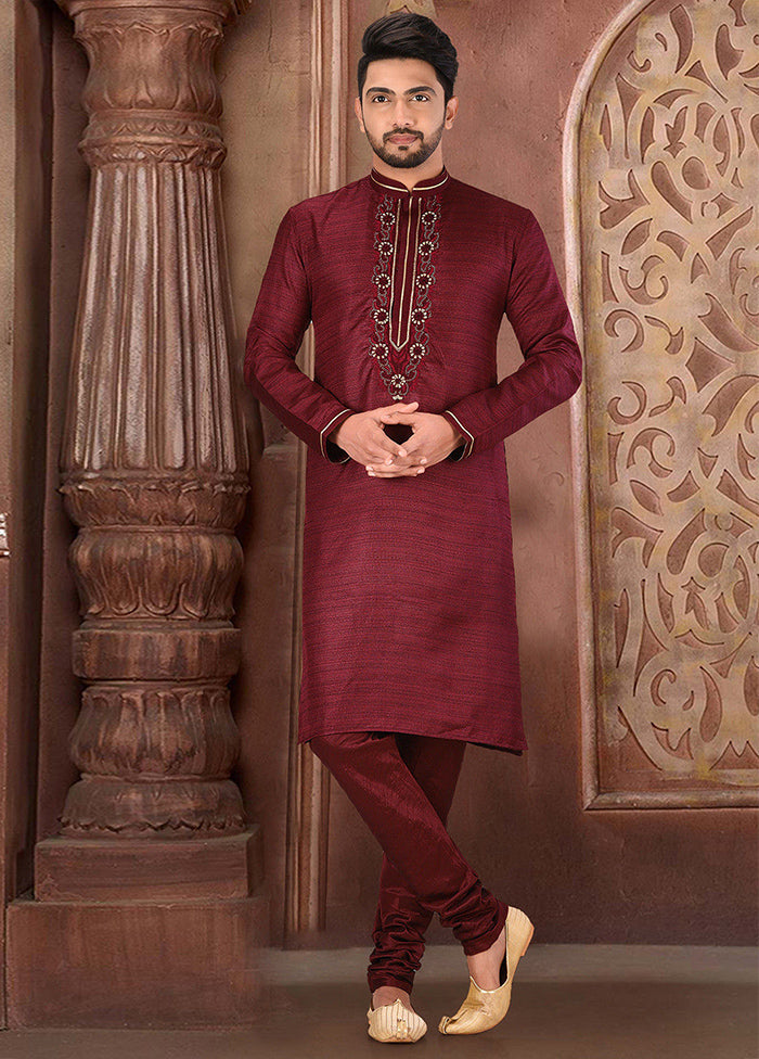 2 Pc Mehendi Silk Kurta And Pajama Set