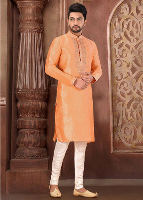 2 Pc Peach Silk Kurta And Pajama Set