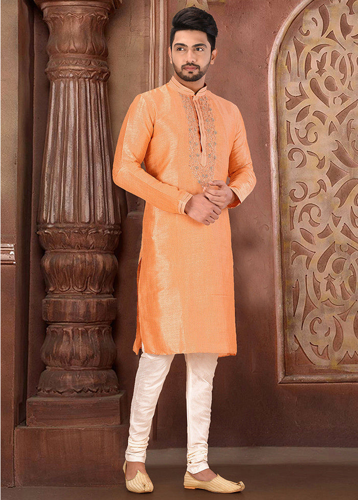 2 Pc Peach Silk Kurta And Pajama Set