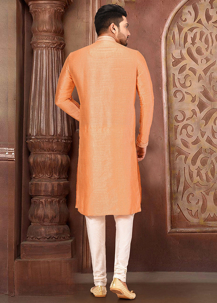 2 Pc Peach Silk Kurta And Pajama Set