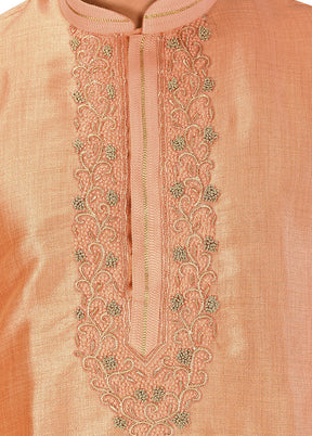 2 Pc Peach Silk Kurta And Pajama Set