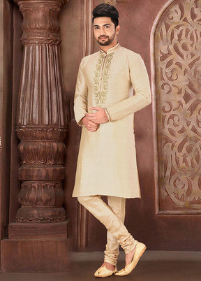 2 Pc Beige Silk Kurta And Pajama Set