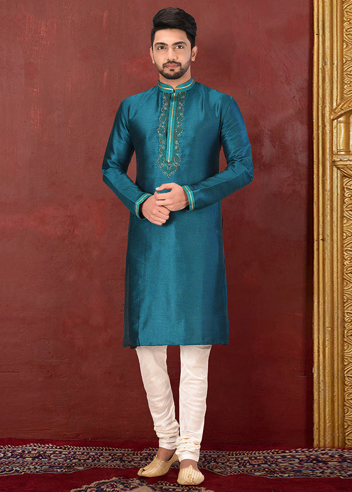 2 Pc Teal Green Silk Kurta And Pajama Set