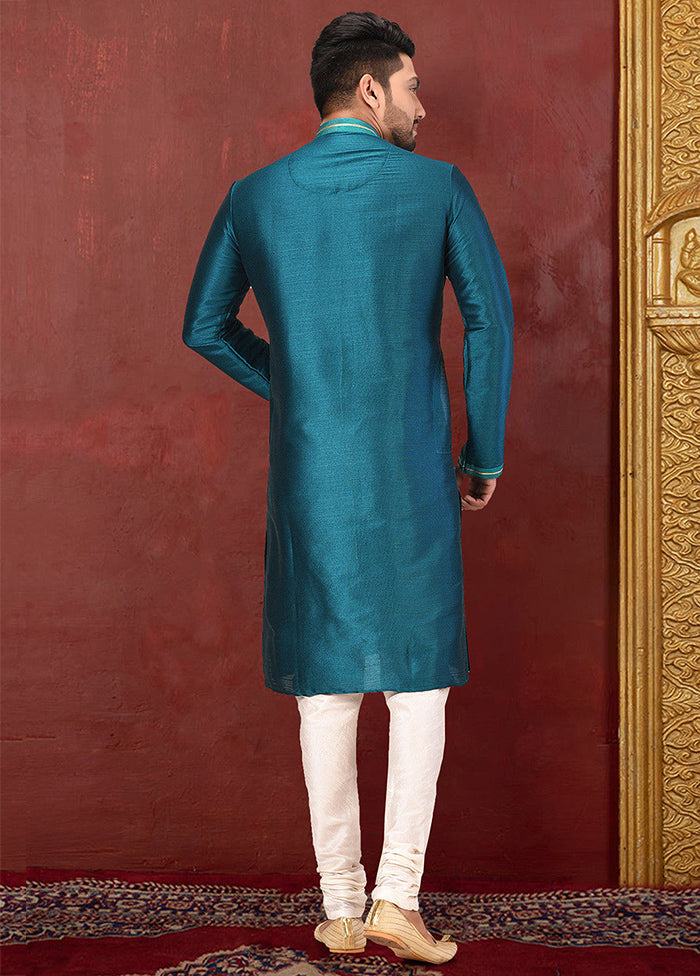 2 Pc Teal Green Silk Kurta And Pajama Set