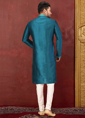 2 Pc Teal Green Silk Kurta And Pajama Set