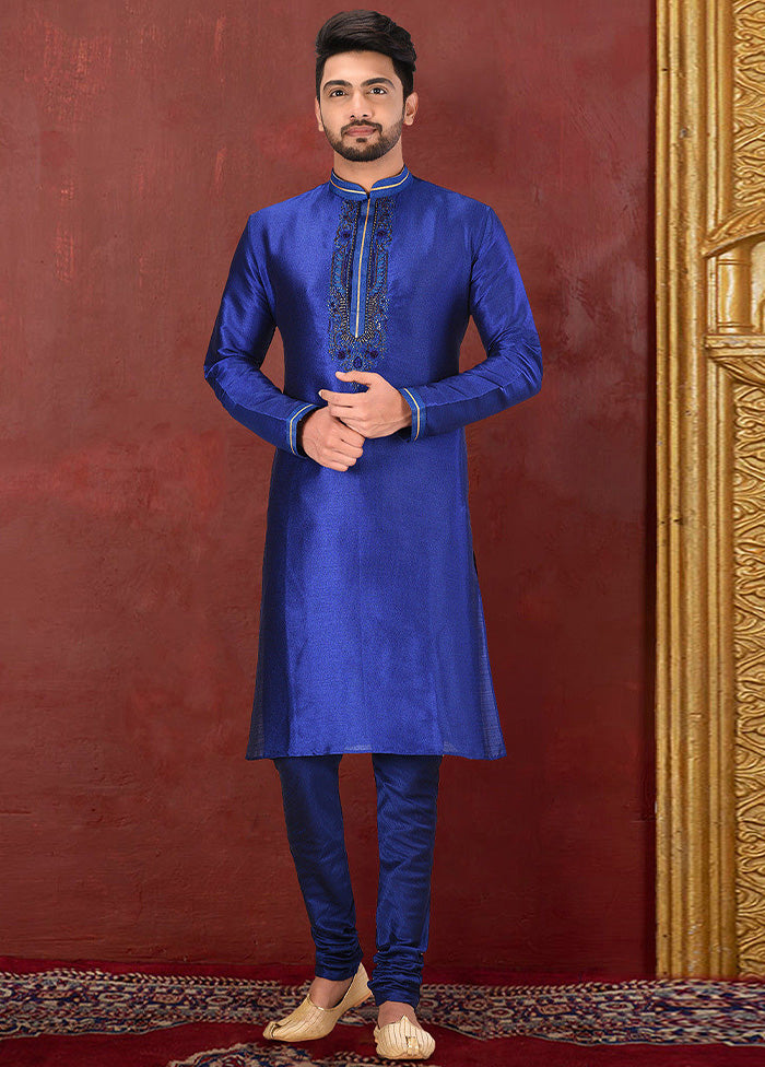 2 Pc Royal Blue Dupion Silk Kurta Pajama Set