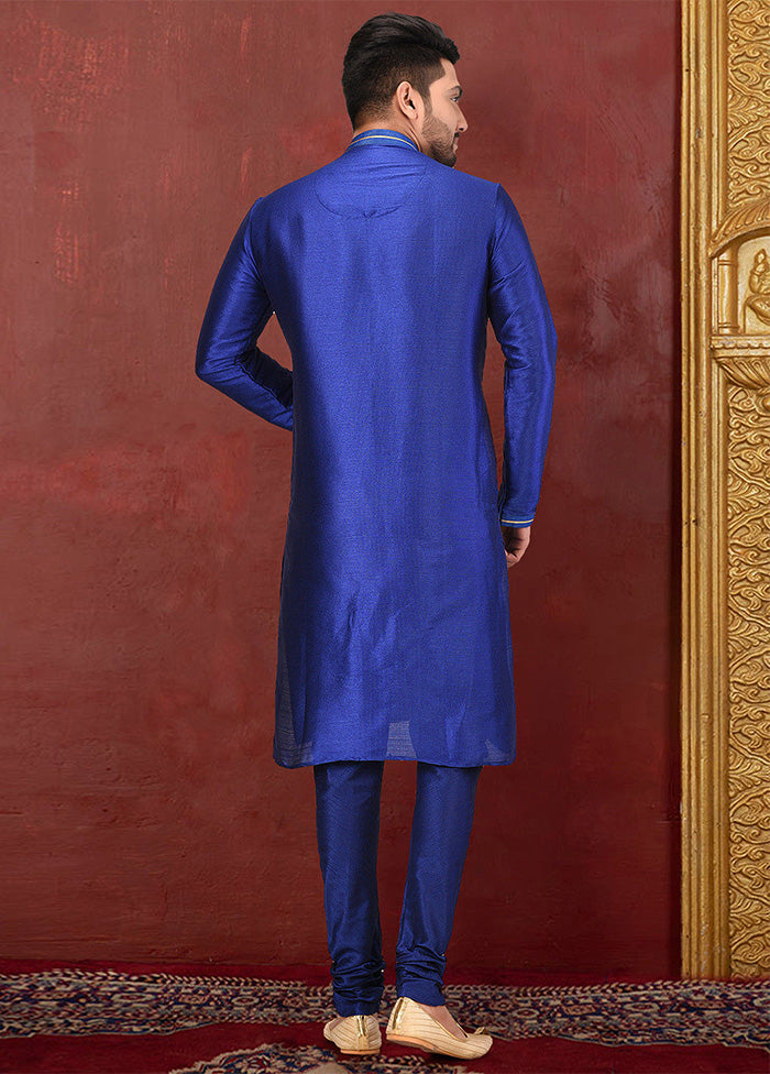 2 Pc Royal Blue Dupion Silk Kurta Pajama Set