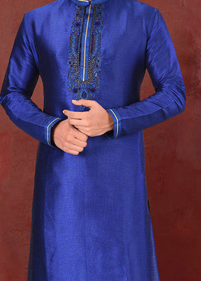 2 Pc Royal Blue Dupion Silk Kurta Pajama Set