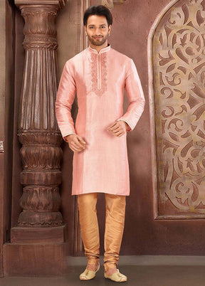 2 Pc Peach Silk Kurta And Pajama Set