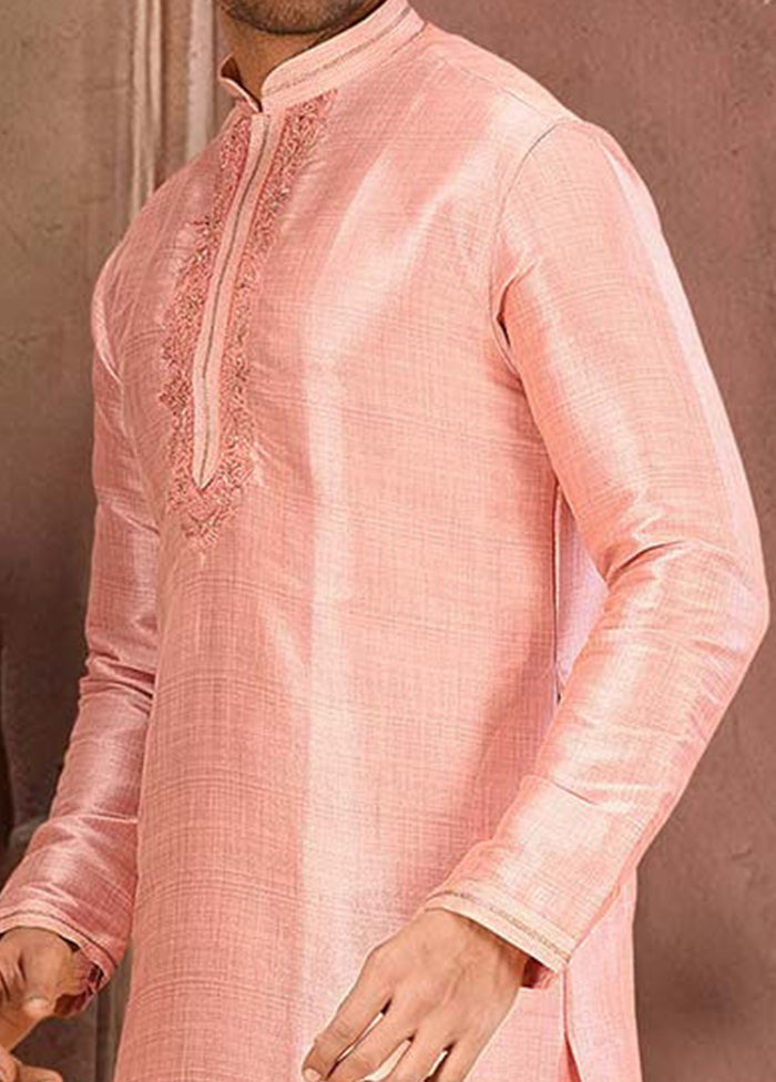 2 Pc Peach Silk Kurta And Pajama Set