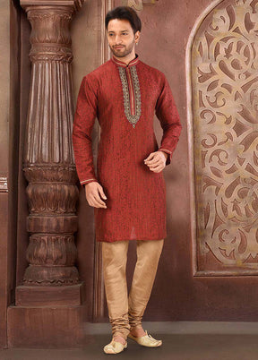 2 Pc Red Silk Kurta And Pajama Set