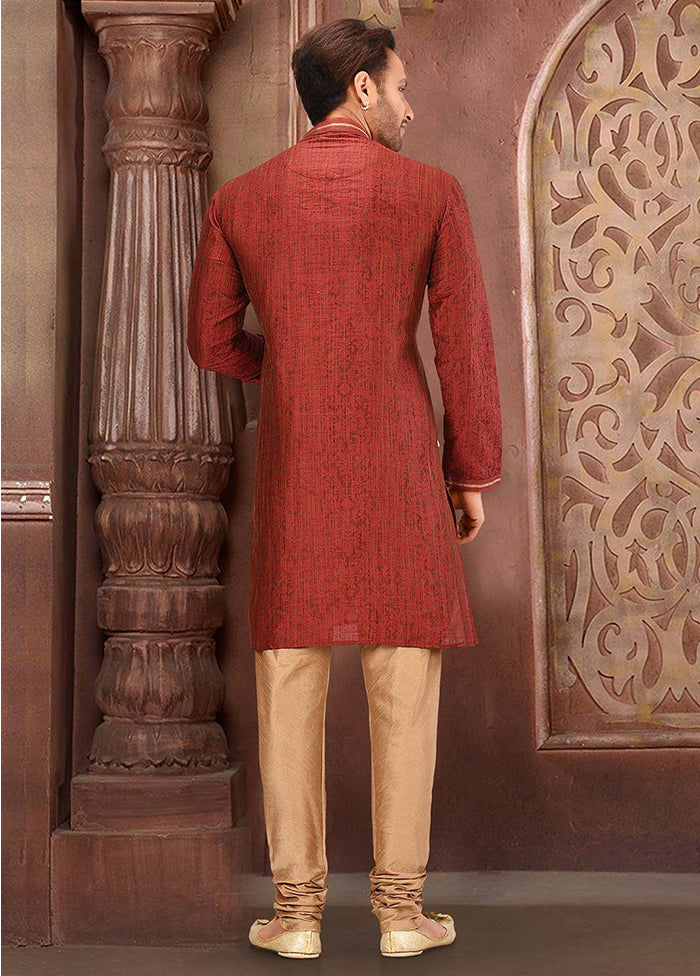 2 Pc Red Silk Kurta And Pajama Set