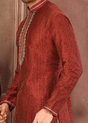 2 Pc Red Silk Kurta And Pajama Set