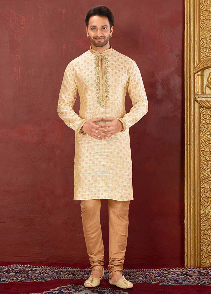 2 Pc Yellow Silk Kurta And Pajama Set