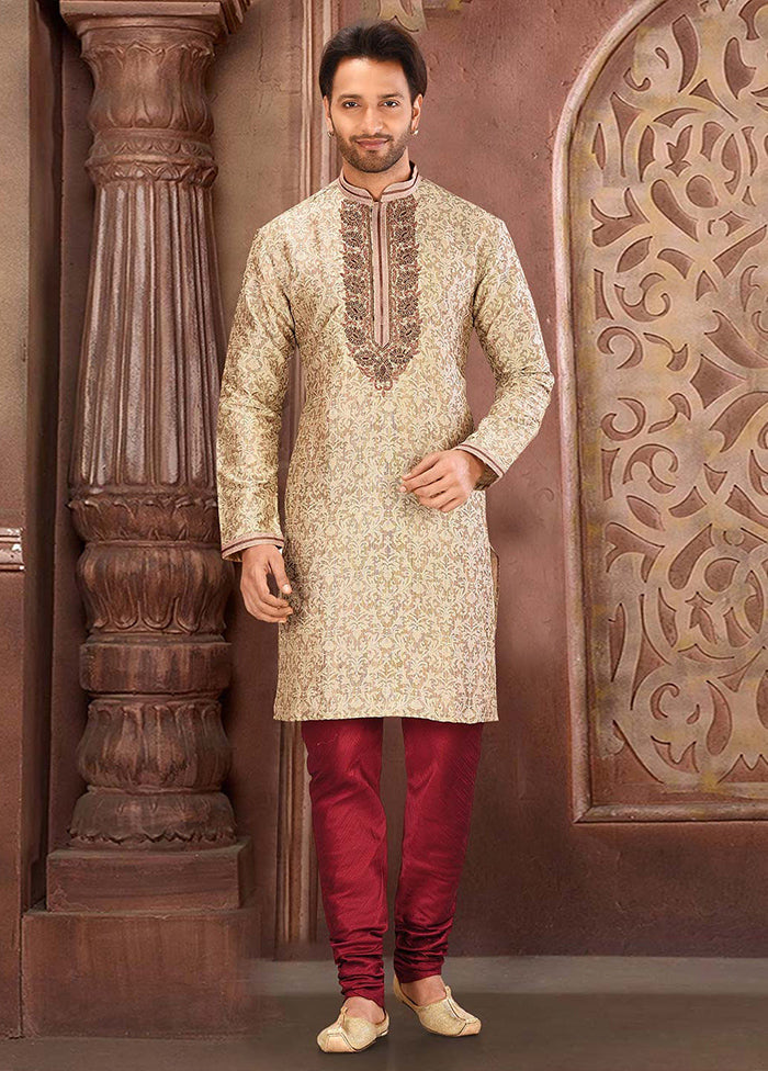 2 Pc Beige Silk Kurta And Pajama Set