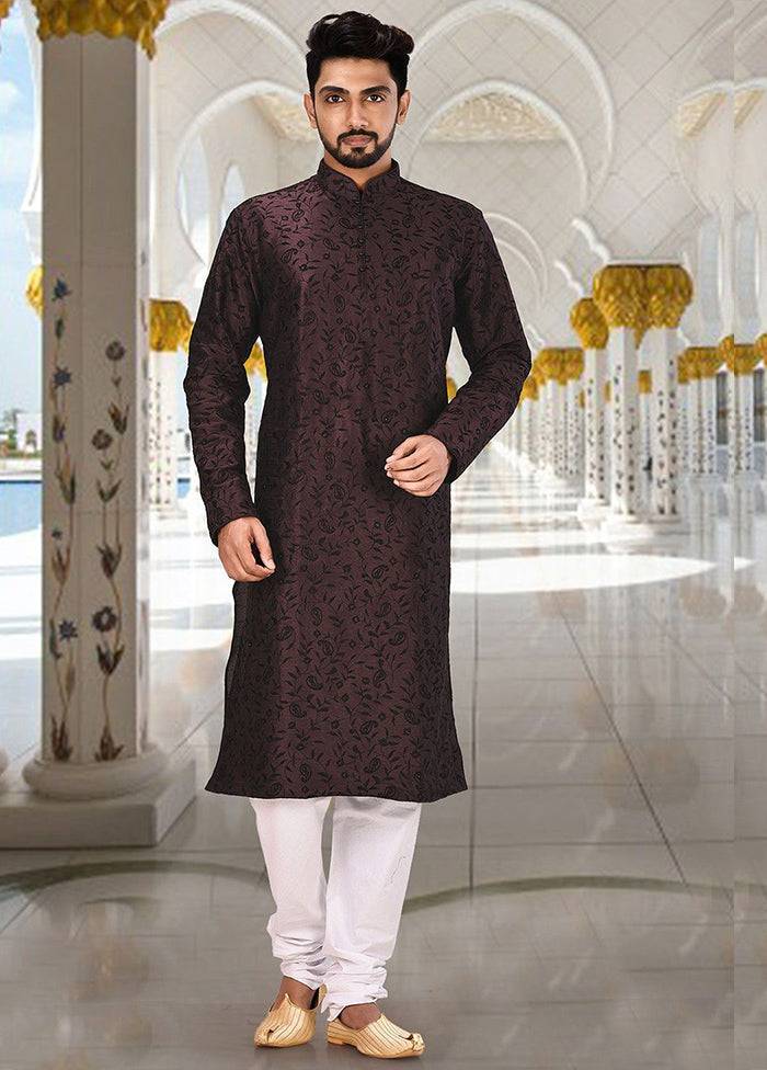 2 Pc Wine Silk Kurta And Pajama Set